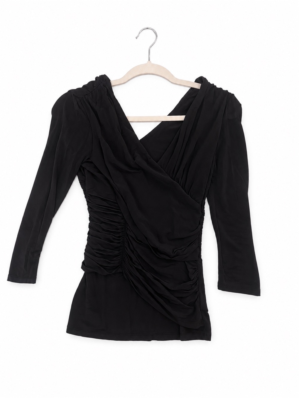 bebe Black Ruched Draped V-Neck Long Sleeve Top